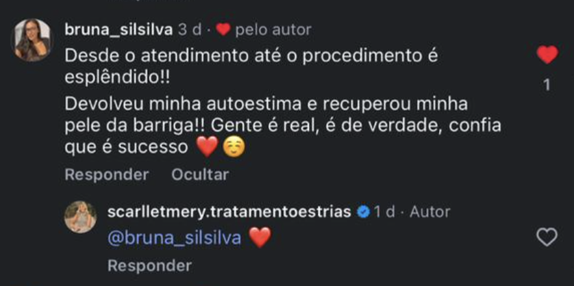 Mensagem de paciente relatando aumento de autoestima após o Método SM para estrias